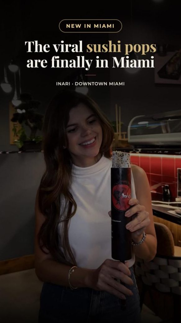Juliana holding a sushi pop at Inari, Downtown Miami